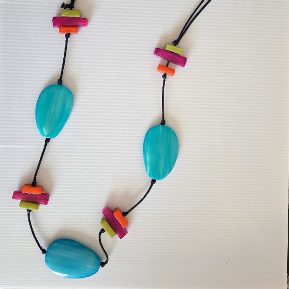 Artisan long statement necklace with chunky colorful acrylic shapes